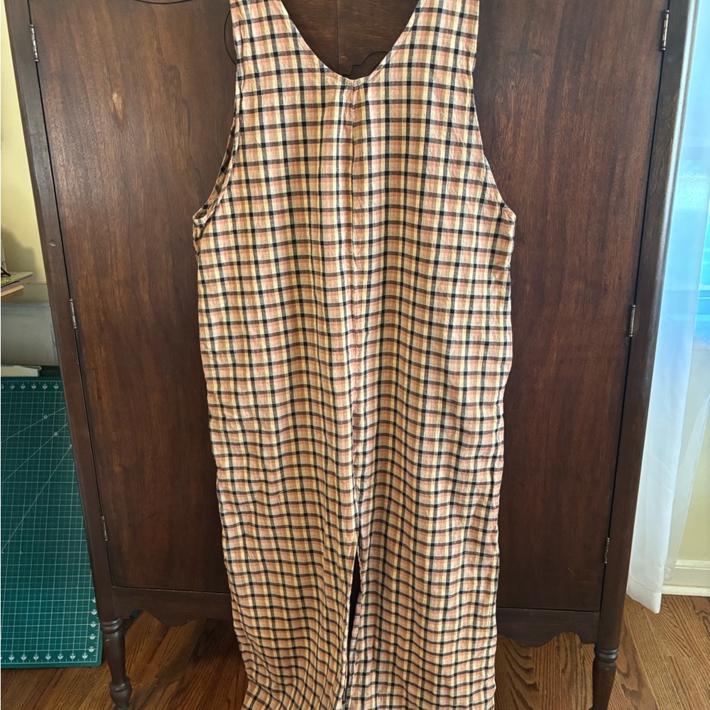 Plaid homespun sleeveless overalls jumper